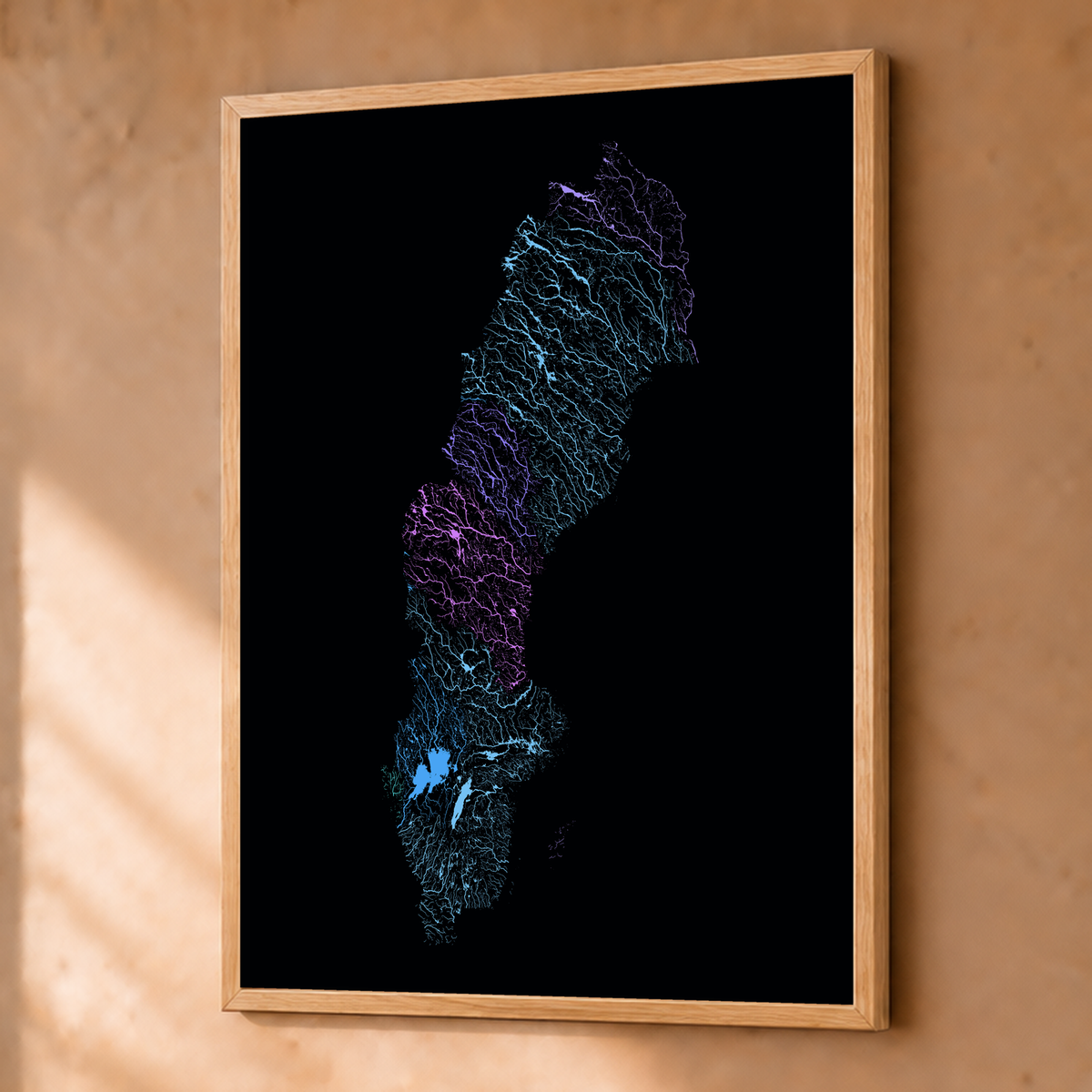 Beautiful Rivers — Suécia — Neon hidrográfico, Fine art emoldurado · 45 × 60 cm, Natural · Sem margem