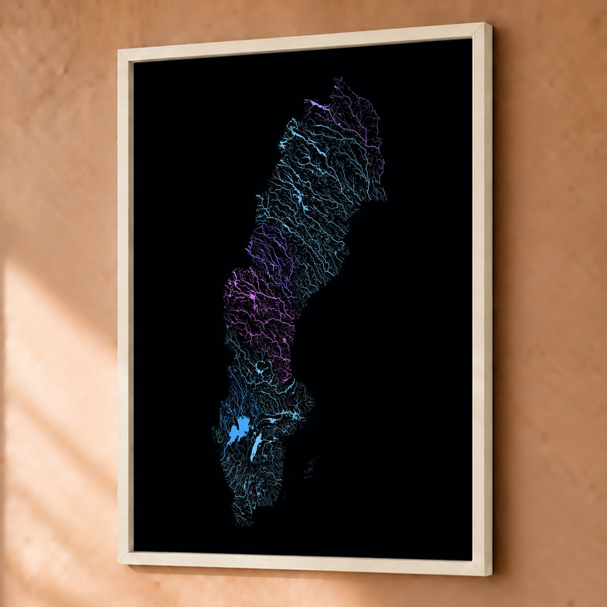 Beautiful Rivers — Suécia — Neon hidrográfico, Fine art emoldurado · 45 × 60 cm, Branco · Sem margem