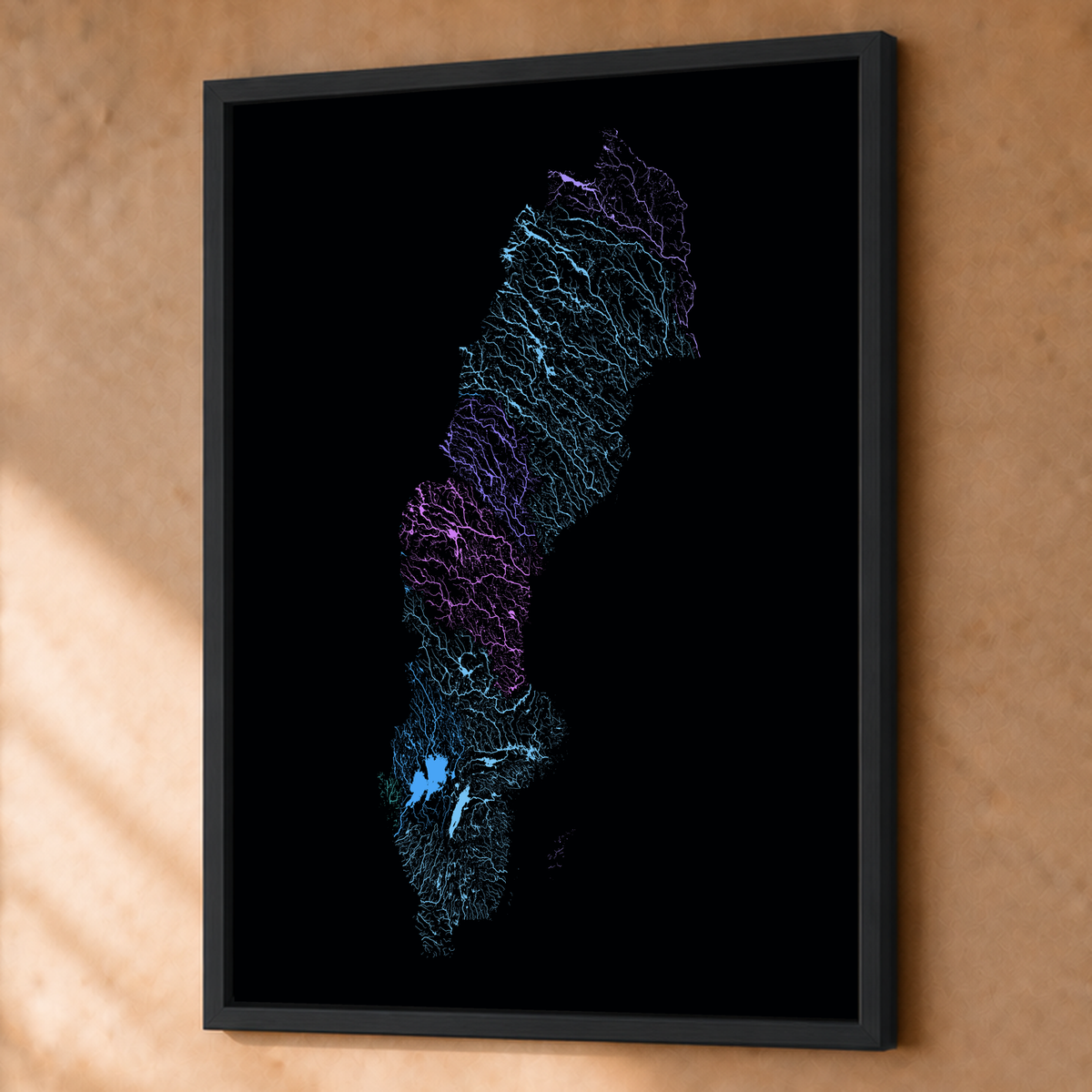 Beautiful Rivers — Suécia — Neon hidrográfico, Fine art emoldurado · 60 × 80 cm, Preto · Sem margem