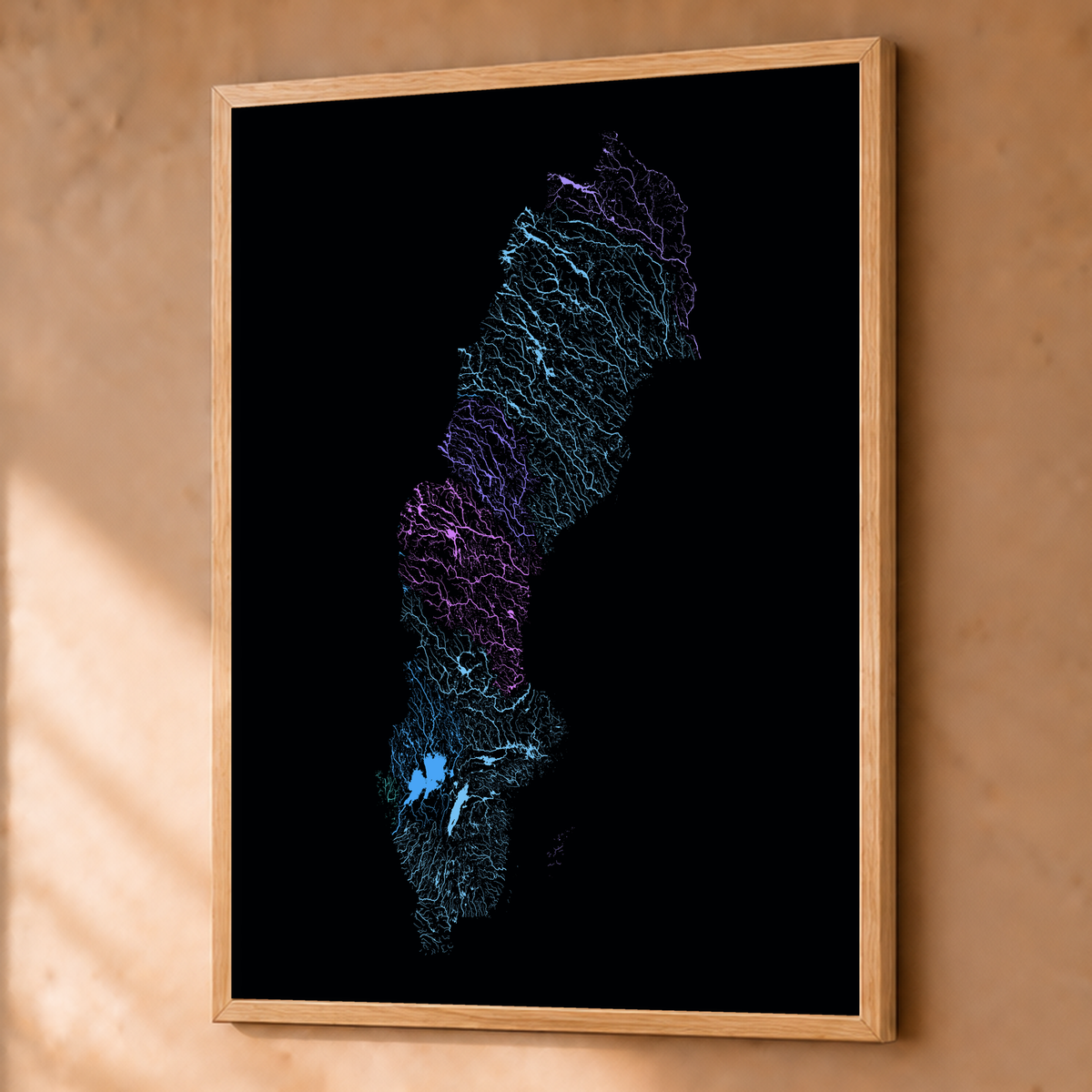 Beautiful Rivers — Suécia — Neon hidrográfico, Fine art emoldurado · 60 × 80 cm, Natural · Sem margem