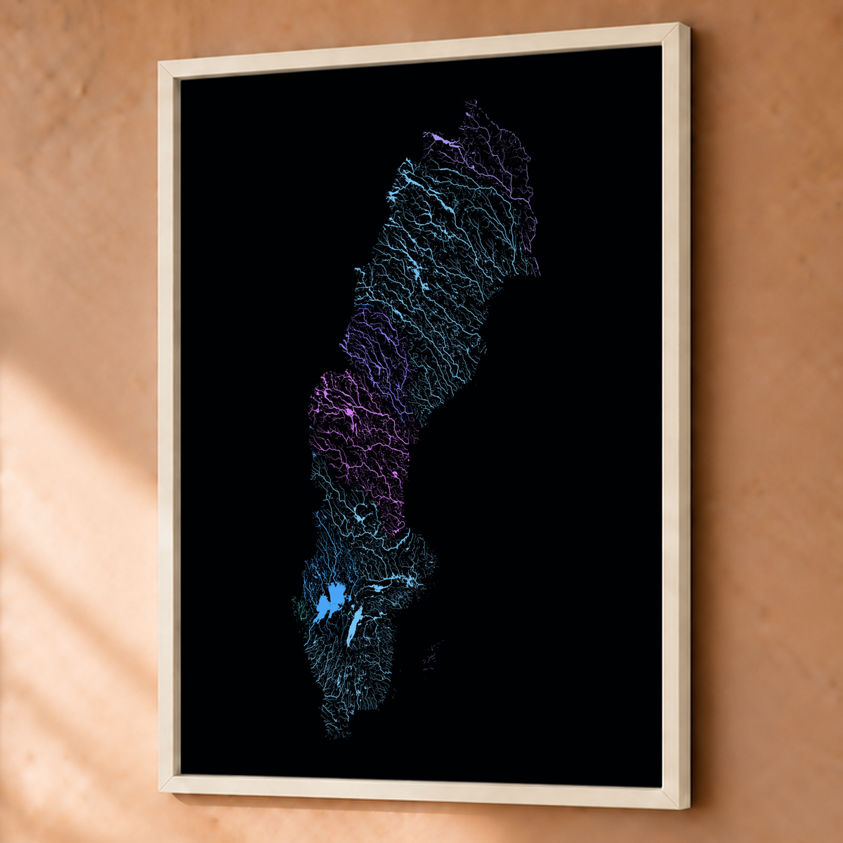 Beautiful Rivers — Suécia — Neon hidrográfico, Fine art emoldurado · 60 × 80 cm, Branco · Sem margem
