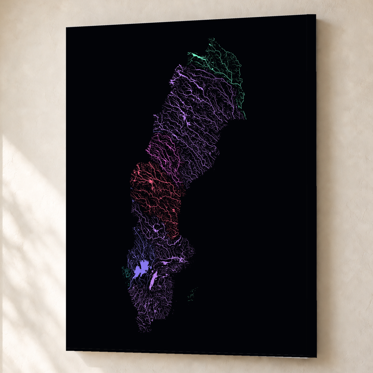 Beautiful Rivers — Suécia — Neon por território, Canvas · 60 × 80 cm, Sem margem