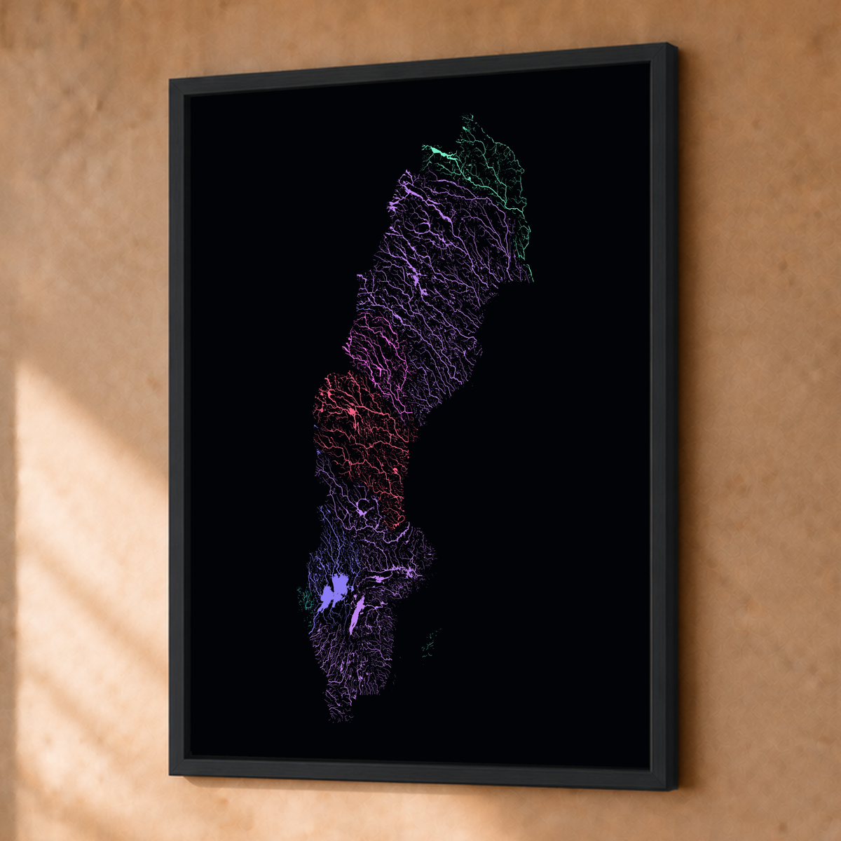 Beautiful Rivers — Suécia — Neon por território, Fine art emoldurado · 30 × 40 cm, Preto · Sem margem