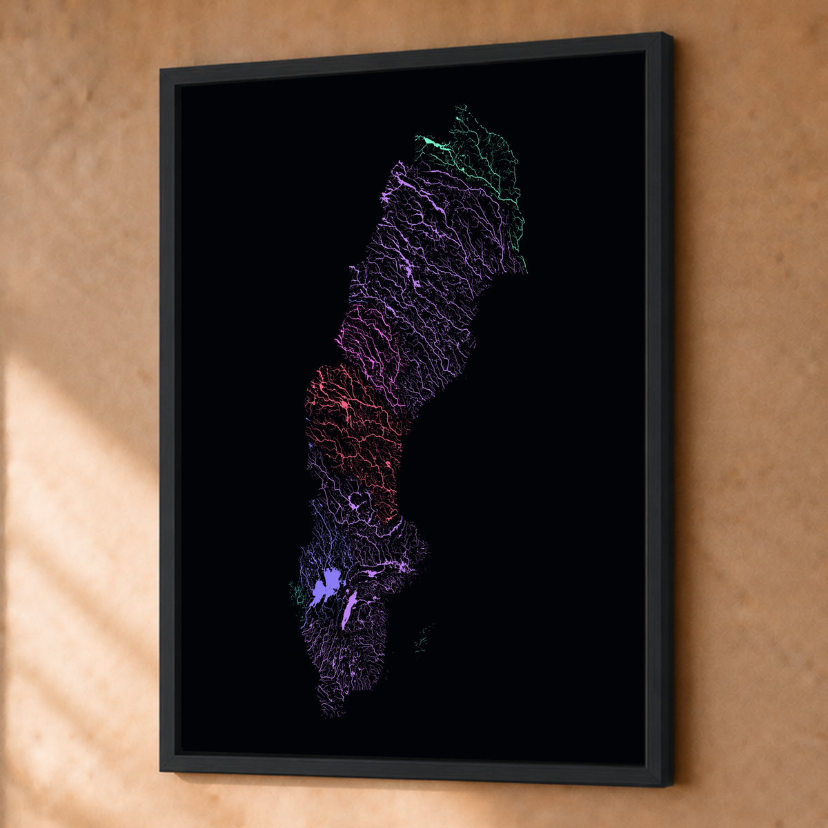 Beautiful Rivers — Suécia — Neon por território, Fine art emoldurado · 45 × 60 cm, Preto · Sem margem