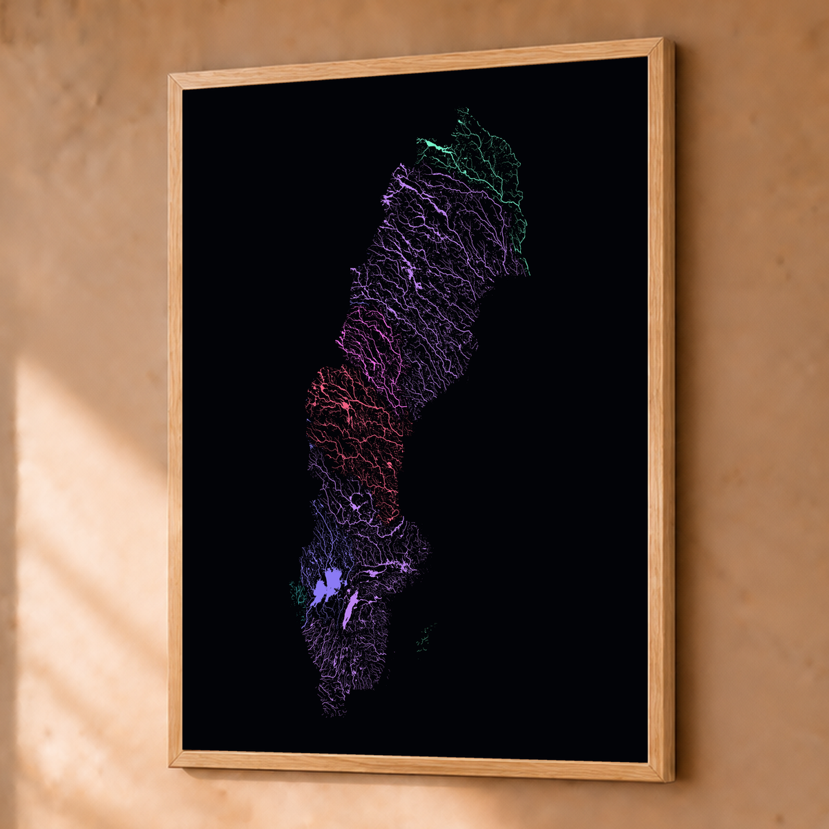 Beautiful Rivers — Suécia — Neon por território, Fine art emoldurado · 45 × 60 cm, Natural · Sem margem