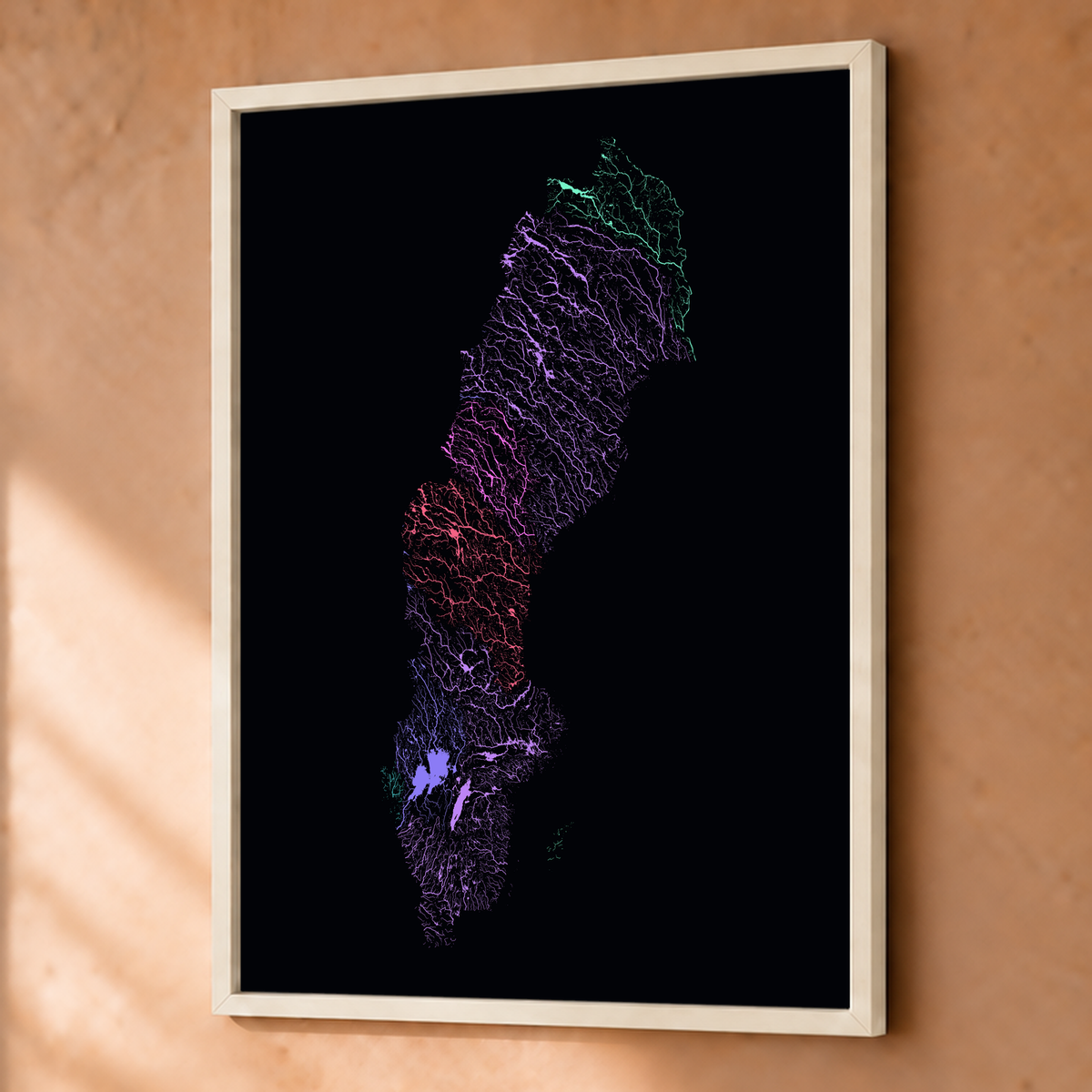 Beautiful Rivers — Suécia — Neon por território, Fine art emoldurado · 45 × 60 cm, Branco · Sem margem