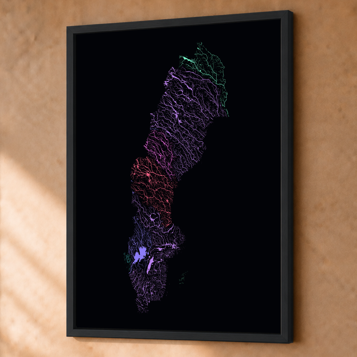 Beautiful Rivers — Suécia — Neon por território, Fine art emoldurado · 60 × 80 cm, Preto · Sem margem