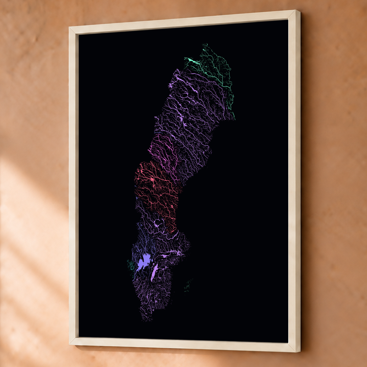 Beautiful Rivers — Suécia — Neon por território, Fine art emoldurado · 60 × 80 cm, Branco · Sem margem