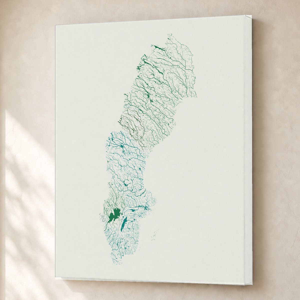 Beautiful Rivers — Suécia — Verde jade e porcelana, Canvas · 45 × 60 cm, Sem margem