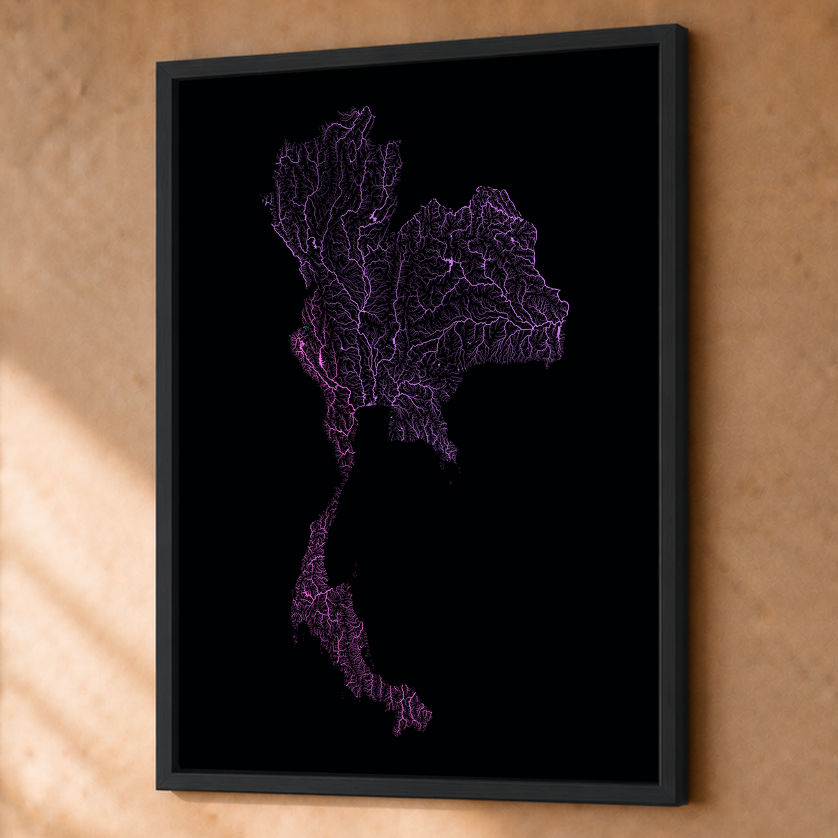 Quadro dos rios da Tailândia — Neon hidrográfico, Preto · Sem margem — Fine art emoldurado — 3x4