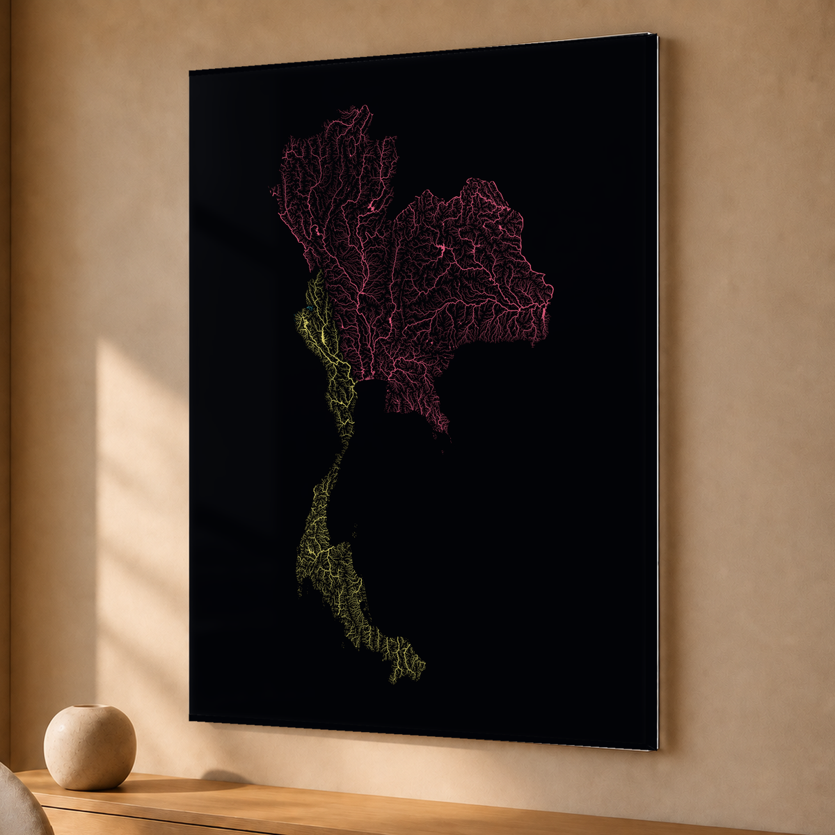 Quadro dos rios da Tailândia — Neon por território, Sem margem — Acrílico — 3x4
