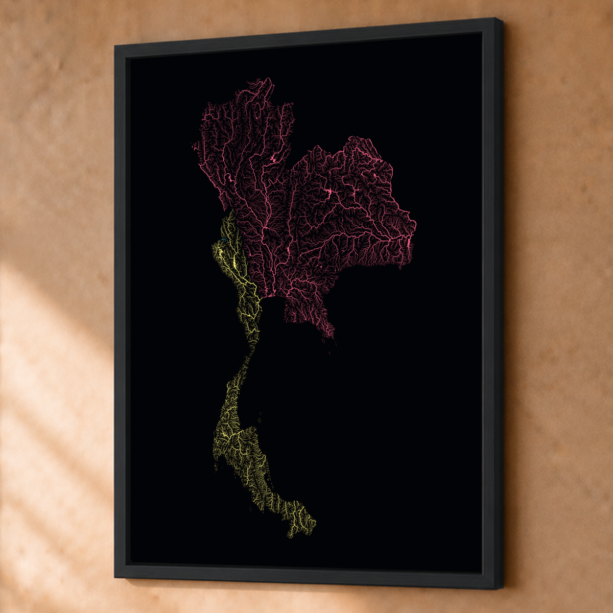Quadro dos rios da Tailândia — Neon por território, Preto · Sem margem — Fine art emoldurado — 3x4