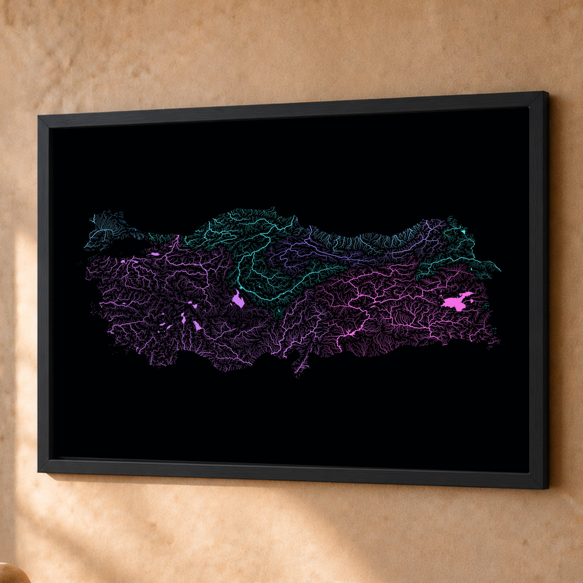 Quadro dos rios da Turquia — Neon hidrográfico, Preto · Sem margem — Fine art emoldurado — 4x3