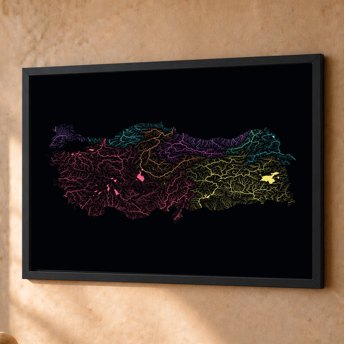 Quadro dos rios da Turquia — Neon por território, Preto · Sem margem — Fine art emoldurado — 4x3
