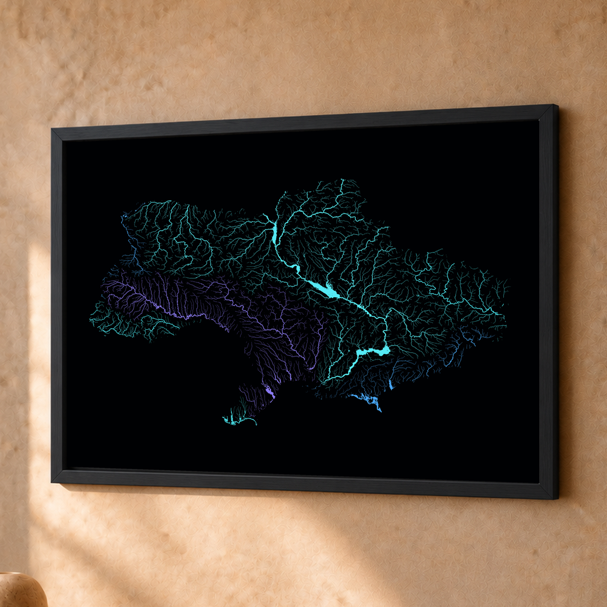 Beautiful Rivers — Ucrânia — Neon hidrográfico, Fine art emoldurado · 30 × 40 cm, Preto · Sem margem