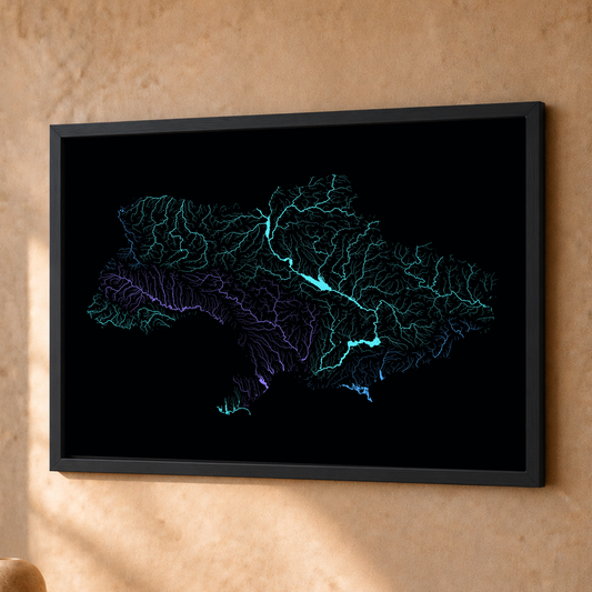 Beautiful Rivers — Ucrânia — Neon hidrográfico, Fine art emoldurado · 30 × 40 cm, Preto · Sem margem