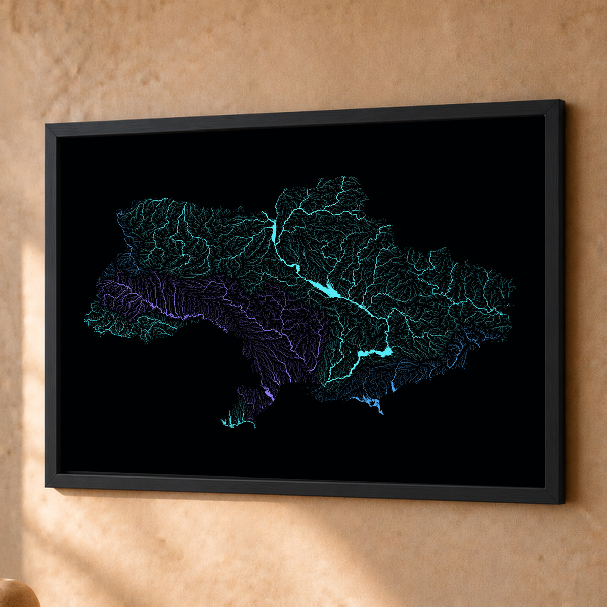 Beautiful Rivers — Ucrânia — Neon hidrográfico, Fine art emoldurado · 45 × 60 cm, Preto · Sem margem