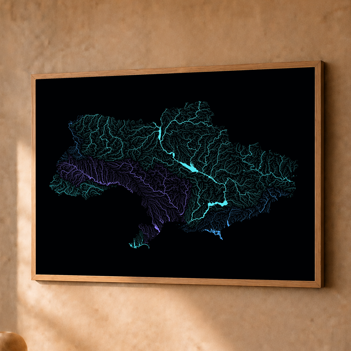 Beautiful Rivers — Ucrânia — Neon hidrográfico, Fine art emoldurado · 45 × 60 cm, Natural · Sem margem