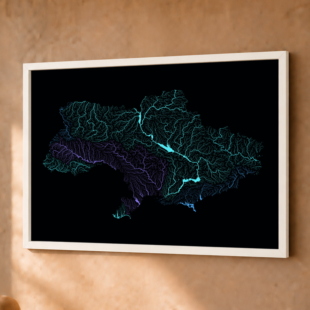 Beautiful Rivers — Ucrânia — Neon hidrográfico, Fine art emoldurado · 45 × 60 cm, Branco · Sem margem
