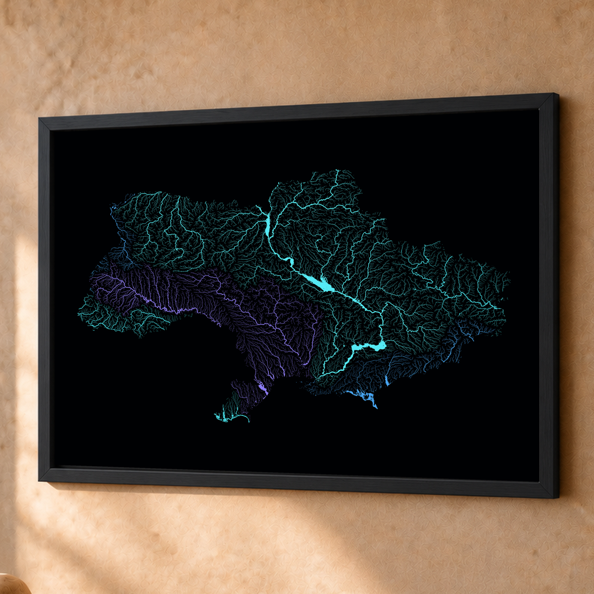 Beautiful Rivers — Ucrânia — Neon hidrográfico, Fine art emoldurado · 60 × 80 cm, Preto · Sem margem
