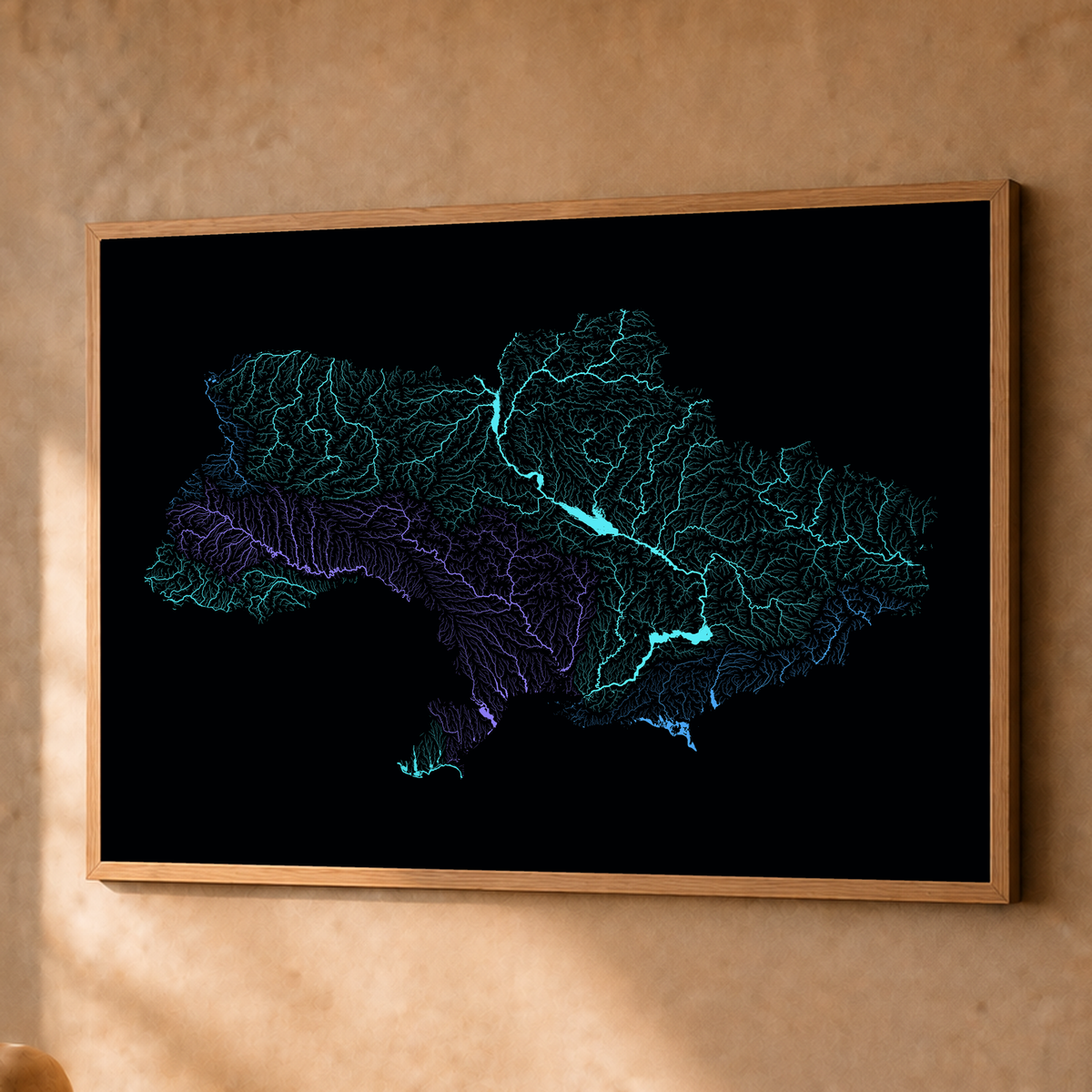 Beautiful Rivers — Ucrânia — Neon hidrográfico, Fine art emoldurado · 60 × 80 cm, Natural · Sem margem