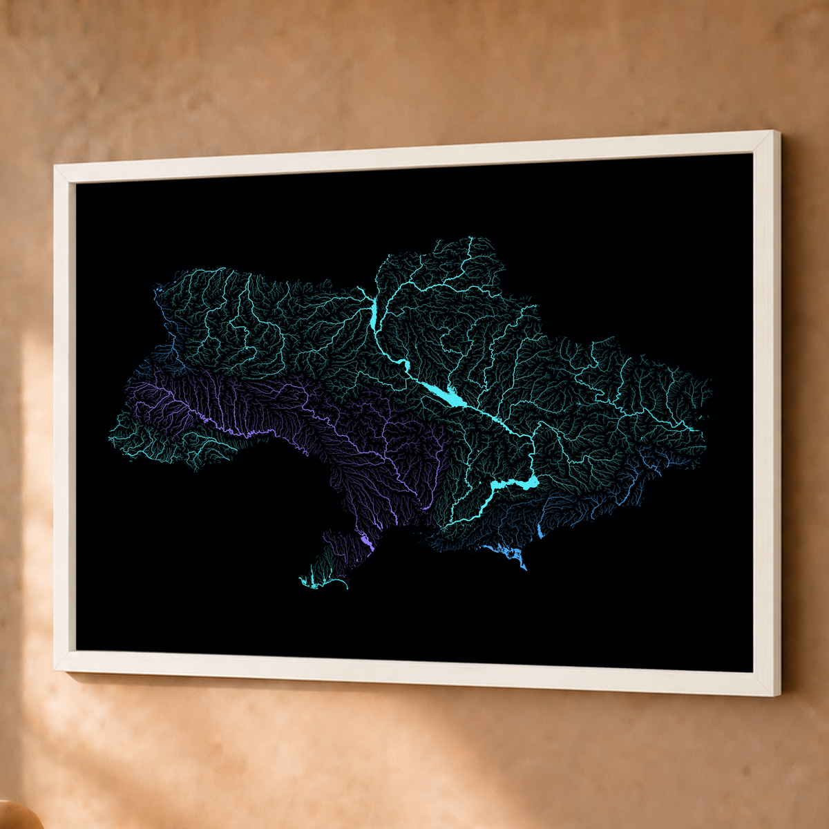 Beautiful Rivers — Ucrânia — Neon hidrográfico, Fine art emoldurado · 60 × 80 cm, Branco · Sem margem