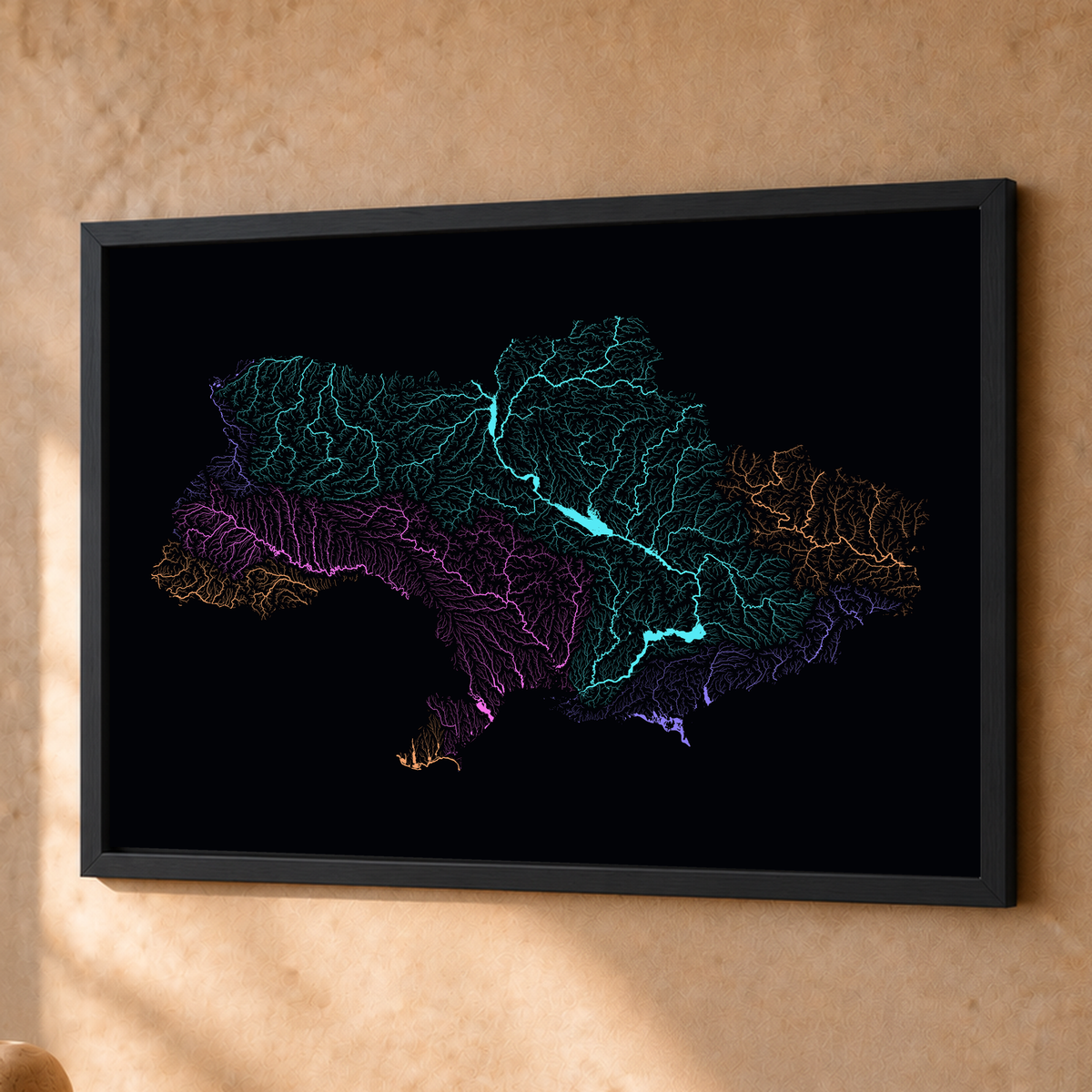 Beautiful Rivers — Ucrânia — Neon por território, Fine art emoldurado · 45 × 60 cm, Preto · Sem margem