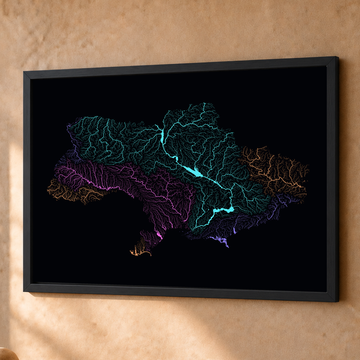 Beautiful Rivers — Ucrânia — Neon por território, Fine art emoldurado · 60 × 80 cm, Preto · Sem margem