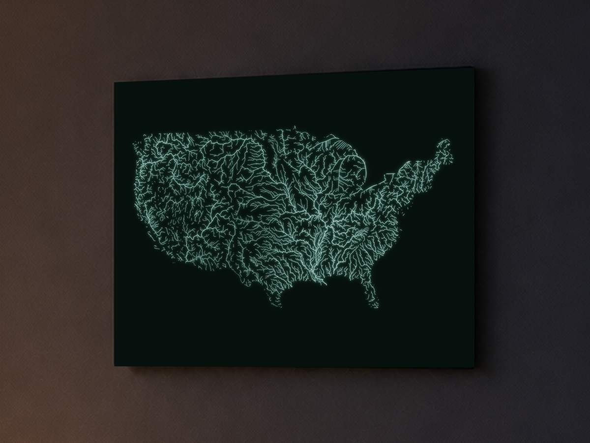 水系図 — アメリカ合衆国、蓄光ポスター、30 × 40 cm、夜間のイメージ
