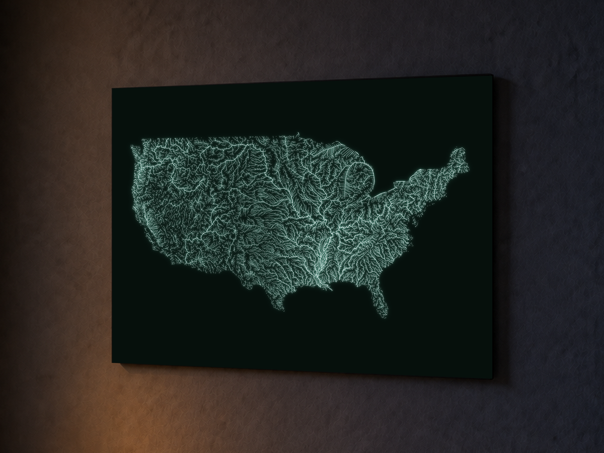 水系図 — アメリカ合衆国、蓄光ポスター、45 × 60 cm、夜間のイメージ