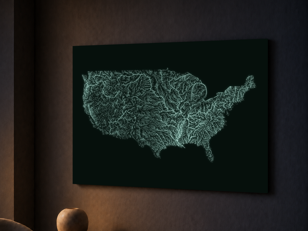 水系図 — アメリカ合衆国、蓄光ポスター、60 × 80 cm、夜間のイメージ
