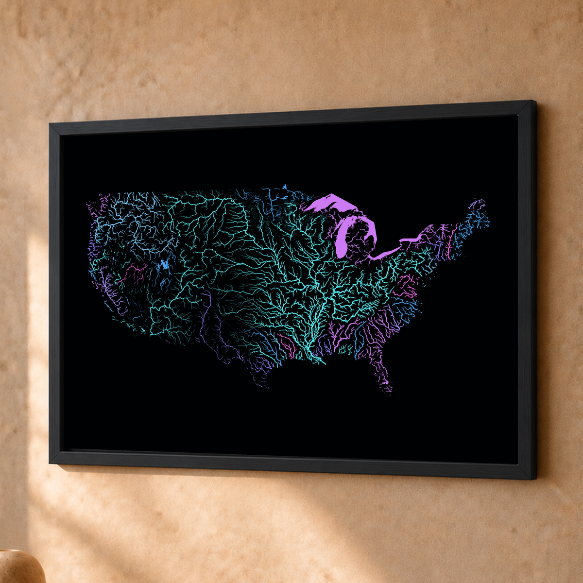 Beautiful Rivers — Estados Unidos — Neon hidrográfico, Fine art emoldurado · 30 × 40 cm, Preto · Sem margem