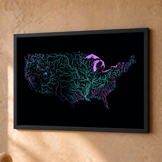 Beautiful Rivers — Estados Unidos — Neon hidrográfico, Fine art emoldurado · 30 × 40 cm, Preto · Sem margem