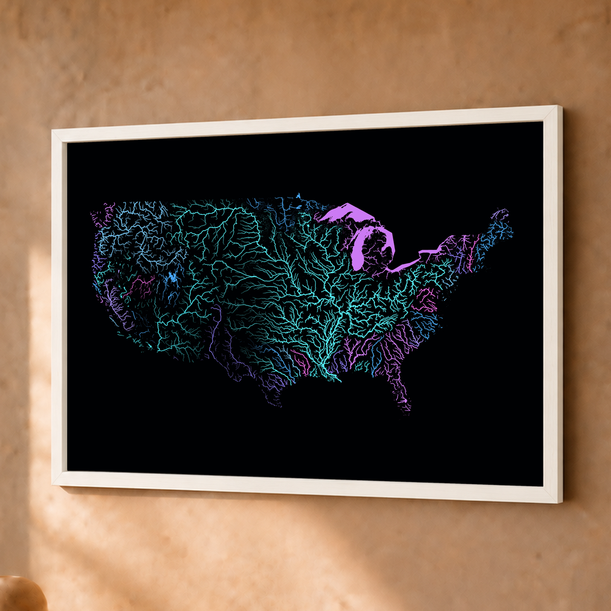 Beautiful Rivers — Estados Unidos — Neon hidrográfico, Fine art emoldurado · 30 × 40 cm, Branco · Sem margem