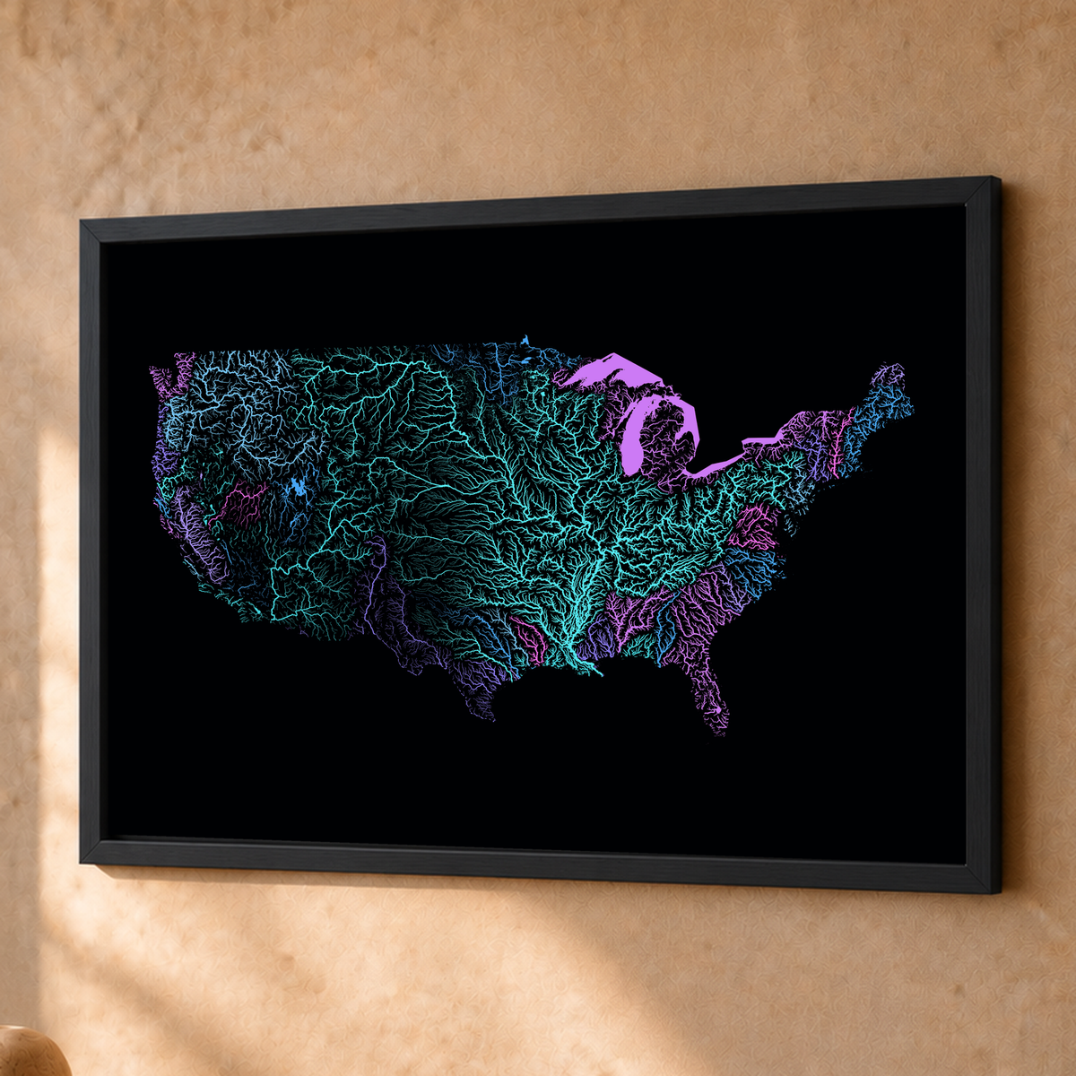 Beautiful Rivers — Estados Unidos — Neon hidrográfico, Fine art emoldurado · 45 × 60 cm, Preto · Sem margem
