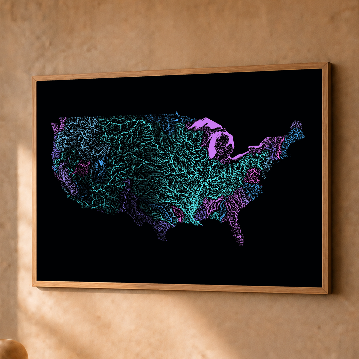Beautiful Rivers — Estados Unidos — Neon hidrográfico, Fine art emoldurado · 45 × 60 cm, Natural · Sem margem
