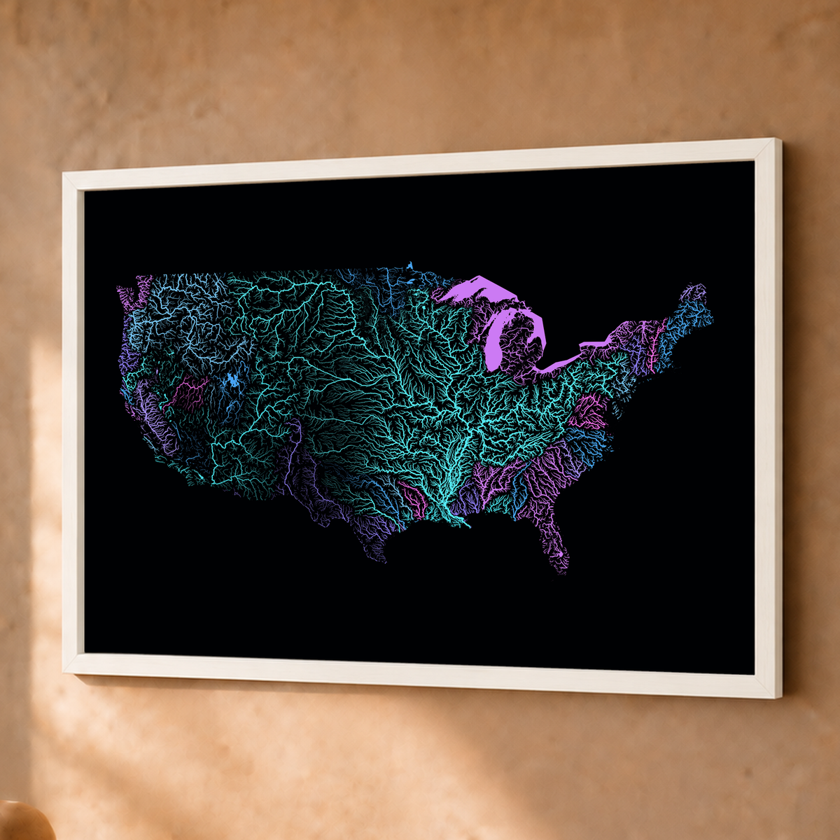 Beautiful Rivers — Estados Unidos — Neon hidrográfico, Fine art emoldurado · 45 × 60 cm, Branco · Sem margem