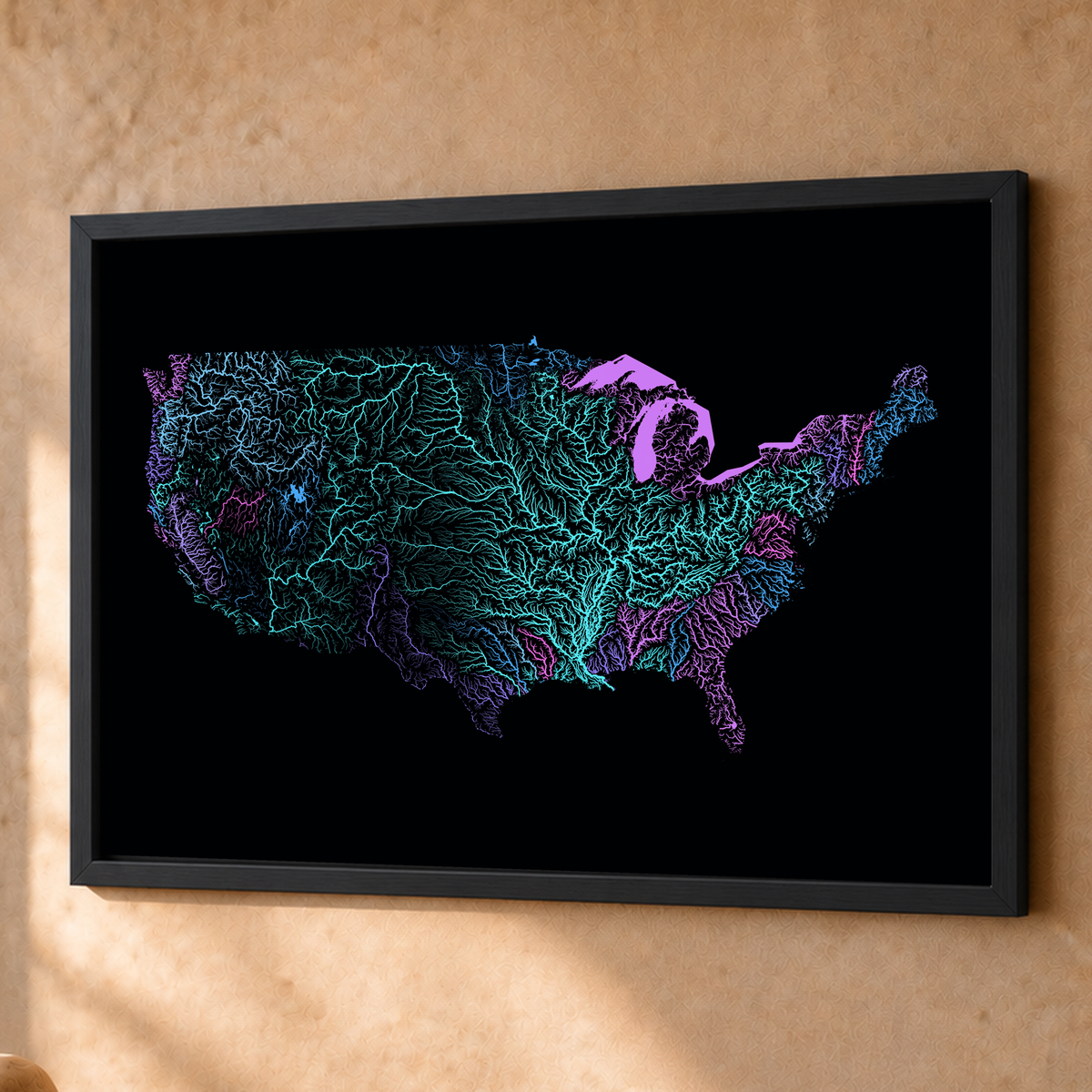 Beautiful Rivers — Estados Unidos — Neon hidrográfico, Fine art emoldurado · 60 × 80 cm, Preto · Sem margem