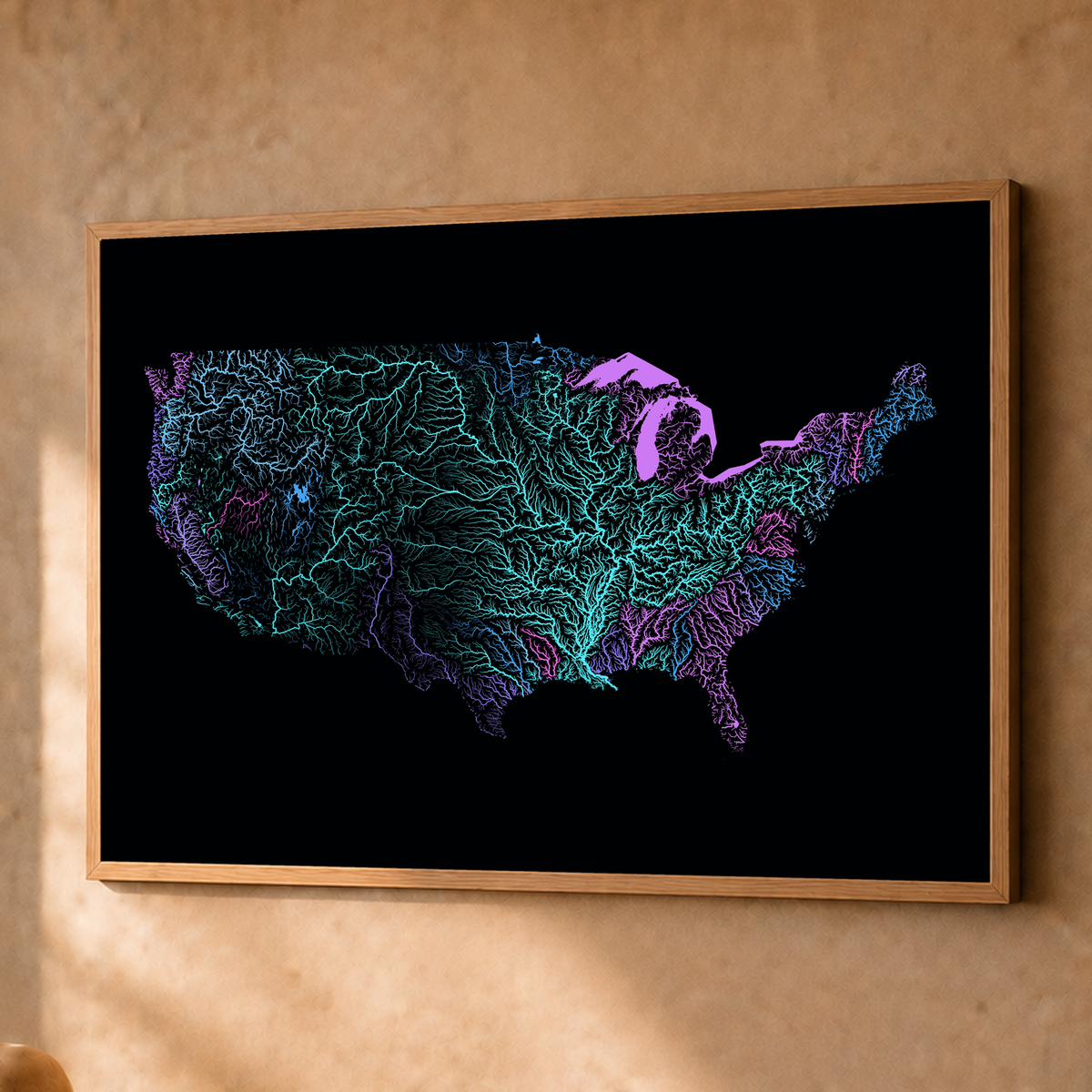 Beautiful Rivers — Estados Unidos — Neon hidrográfico, Fine art emoldurado · 60 × 80 cm, Natural · Sem margem