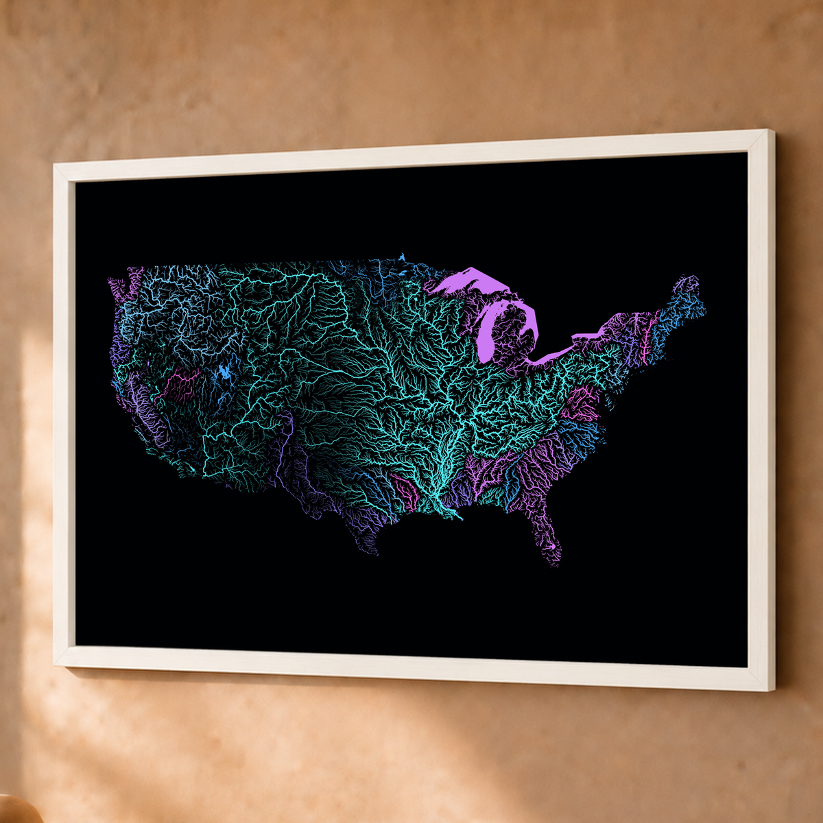 Beautiful Rivers — Estados Unidos — Neon hidrográfico, Fine art emoldurado · 60 × 80 cm, Branco · Sem margem