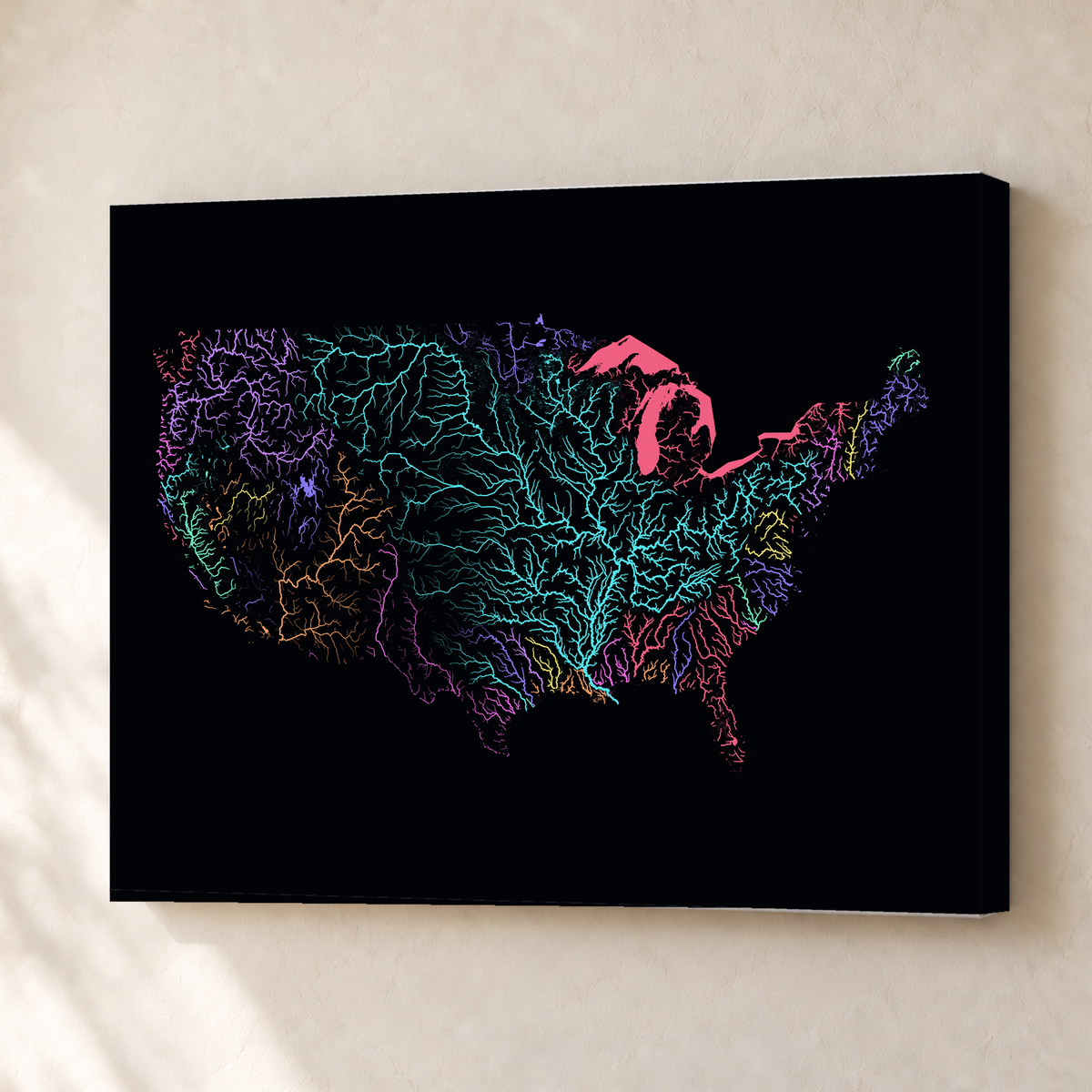Beautiful Rivers — Estados Unidos — Neon por território, Canvas · 30 × 40 cm, Sem margem
