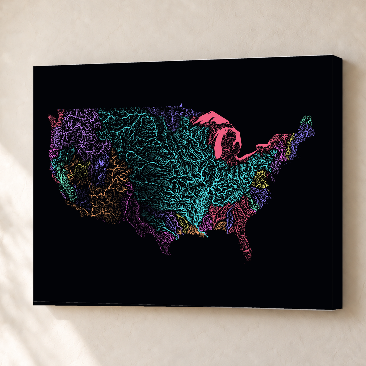 Beautiful Rivers — Estados Unidos — Neon por território, Canvas · 45 × 60 cm, Sem margem