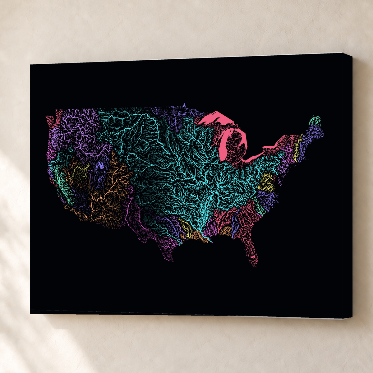 Beautiful Rivers — Estados Unidos — Neon por território, Canvas · 60 × 80 cm, Sem margem