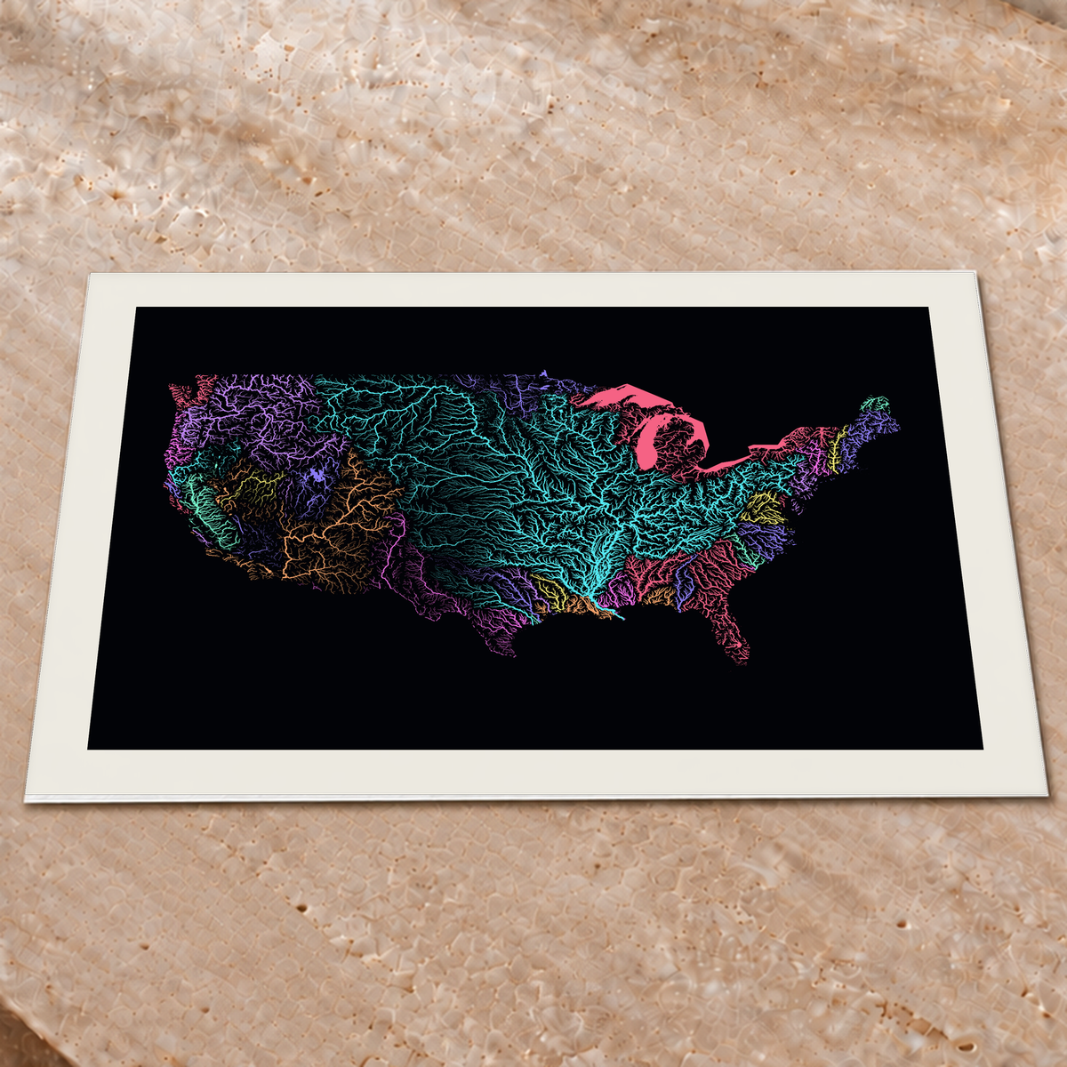 Beautiful Rivers — Estados Unidos — Neon por território, Impressão fine art · 60 × 80 cm, Margem branca
