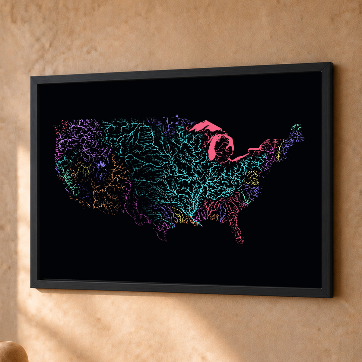 Beautiful Rivers — Estados Unidos — Neon por território, Fine art emoldurado · 30 × 40 cm, Preto · Sem margem