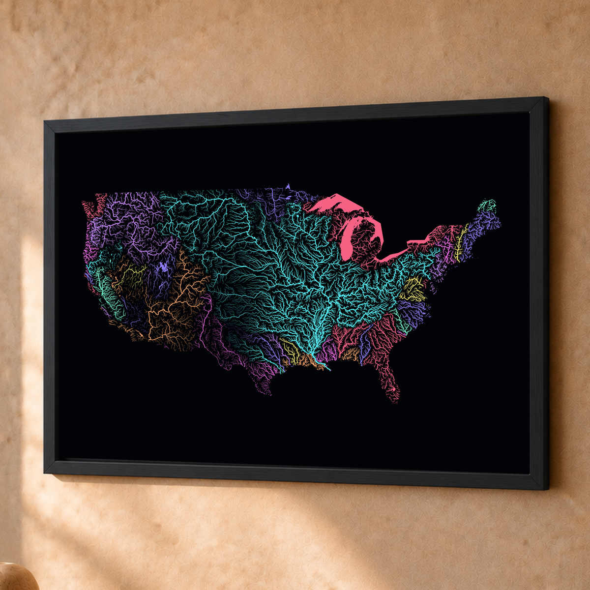 Beautiful Rivers — Estados Unidos — Neon por território, Fine art emoldurado · 45 × 60 cm, Preto · Sem margem