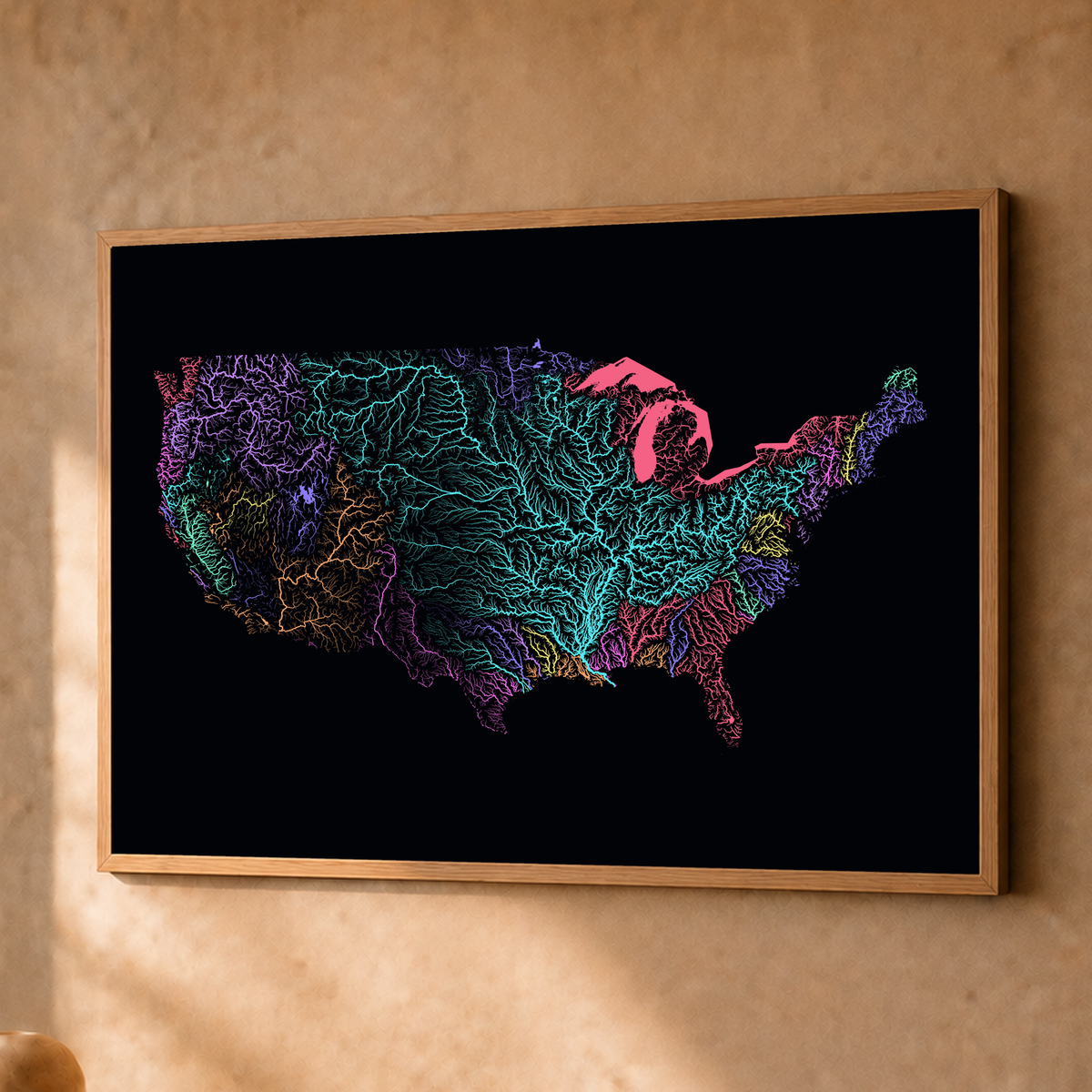 Beautiful Rivers — Estados Unidos — Neon por território, Fine art emoldurado · 45 × 60 cm, Natural · Sem margem