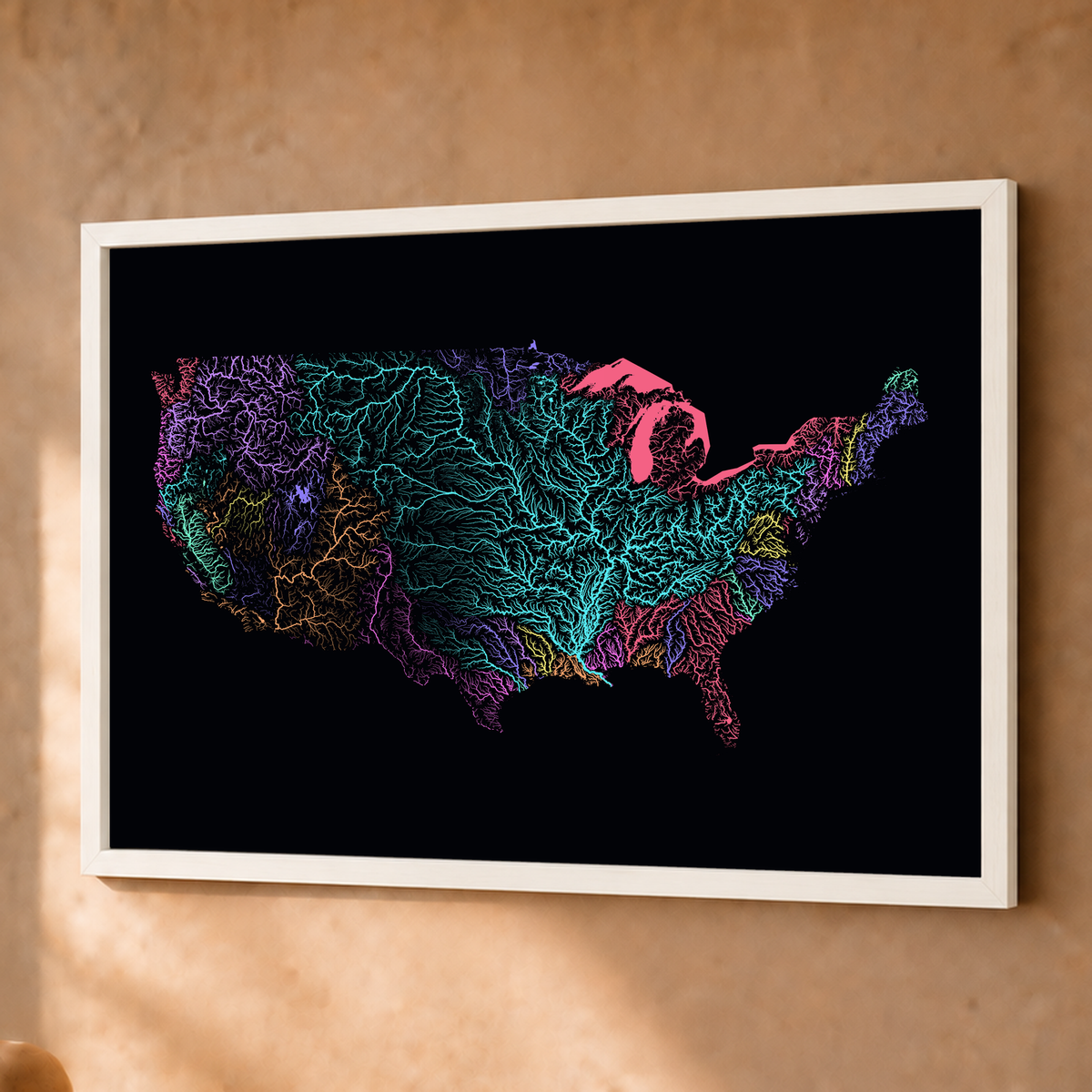 Beautiful Rivers — Estados Unidos — Neon por território, Fine art emoldurado · 45 × 60 cm, Branco · Sem margem