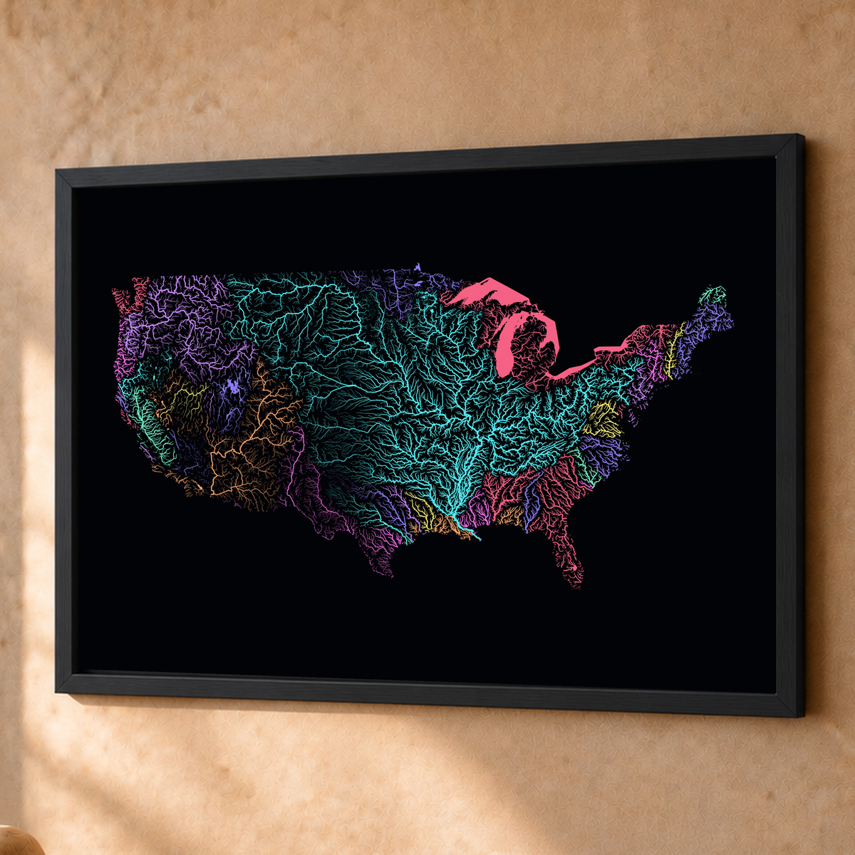 Beautiful Rivers — Estados Unidos — Neon por território, Fine art emoldurado · 60 × 80 cm, Preto · Sem margem