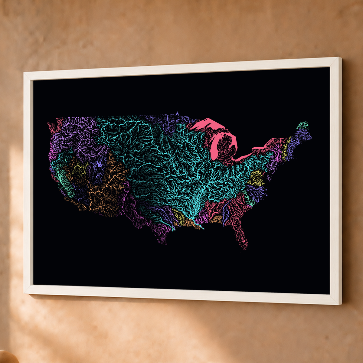 Beautiful Rivers — Estados Unidos — Neon por território, Fine art emoldurado · 60 × 80 cm, Branco · Sem margem